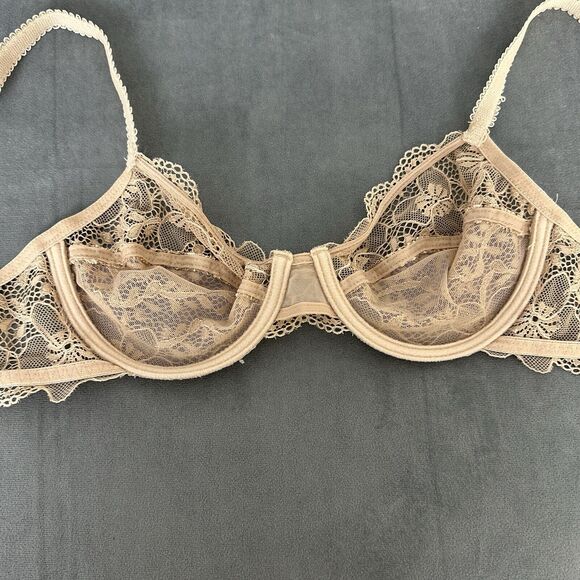 Wacoal Luscious Lace Bra Size 34B 65197 Sheer Underwire Embroidered Beige Tan - Picture 5 of 6